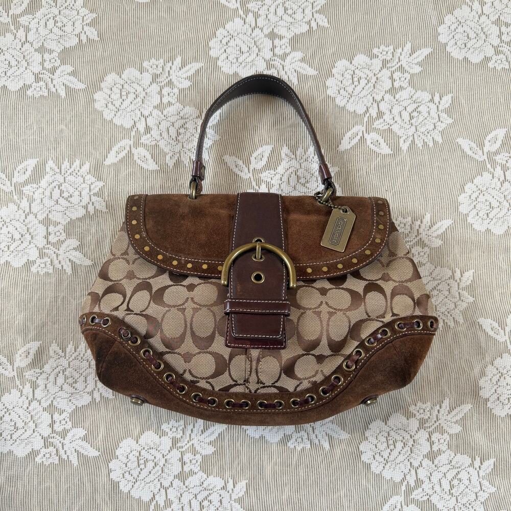 Coach Signature Suede Studded Buckle Handbag